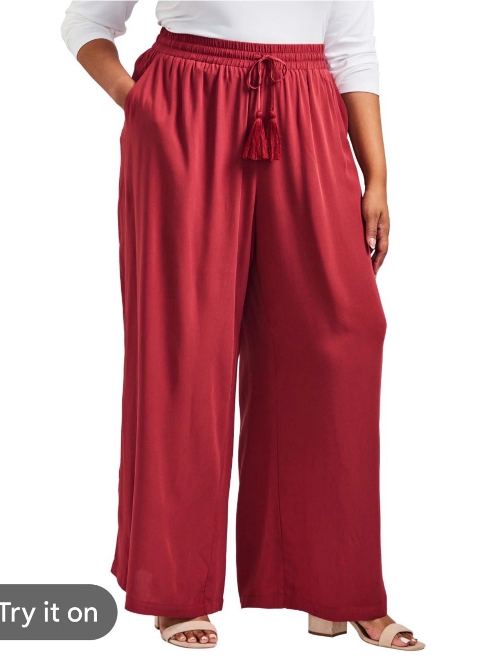 Wide-Leg Tassel Drawstring palazzo Pants - maroon  woman’s 4XL
